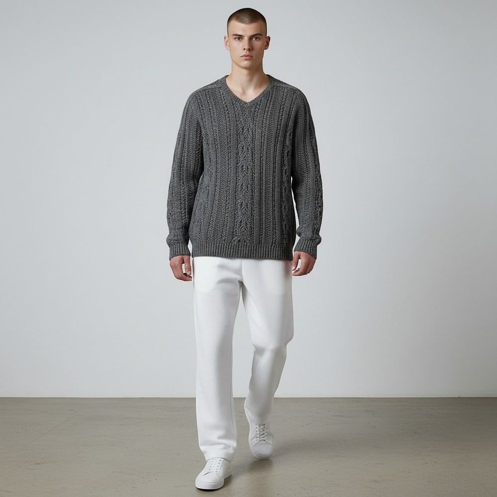 John Varvatos Luxe Sweater Mens L XL Gray Cable Knit Wool Blend V-Neck Y1615T3L